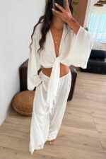 More Önü Bağlamalı Bluz Pantolon Takım Ekru - Görsel 3