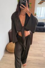 More Önü Bağlamalı Bluz Pantolon Takım Kahverengi - Görsel 3