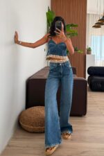 Vera Beli örgü Detaylı Koyu Mavi Jean