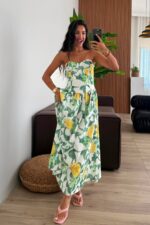 Ananas Desenli straplez Elbise