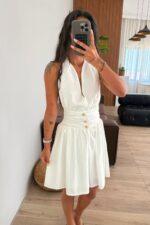 Beli Drapeli Gül Tokalı Mini Elbise Beyaz - Görsel 2