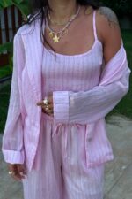 Üçlü Çizgili Crop Takım Pembe - Görsel 2