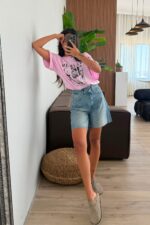 Çapraz Düğmeli Bermuda Kot Şort Mavi