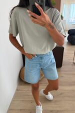 Çapraz Düğmeli Bermuda Kot Şort Açık Mavi - Görsel 2