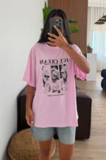 Ice Cream Yazılı Tişört Pembe - Görsel 2