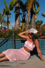 Pullu Crop Etek Plaj Takım Pembe