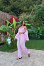 Üçlü Çizgili Crop Takım Pembe