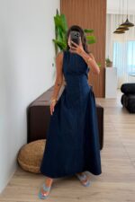 Sırt Dekolteli Denim Lacivert Elbise