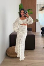 Balon Kollu Puantiyeli Crop Etek Takım Ekru - Görsel 2