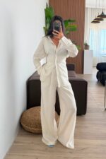 Pantolonu Pileli Beli Bağlamalı Keten Takım Natur