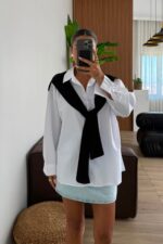 Garnili Oversize Gömlek Beyaz