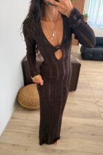 Anandra Boncuk Detaylı Triko Plaj Elbise Kahverengi - Görsel 3