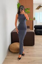 Sırtı Dekolteli Soft Touch Elbise Füme