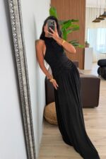 Naris Drapeli Uzun Elbise Siyah