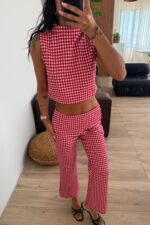 Beli Katlı Pötikare Crop Takım Kırmızı - Görsel 2